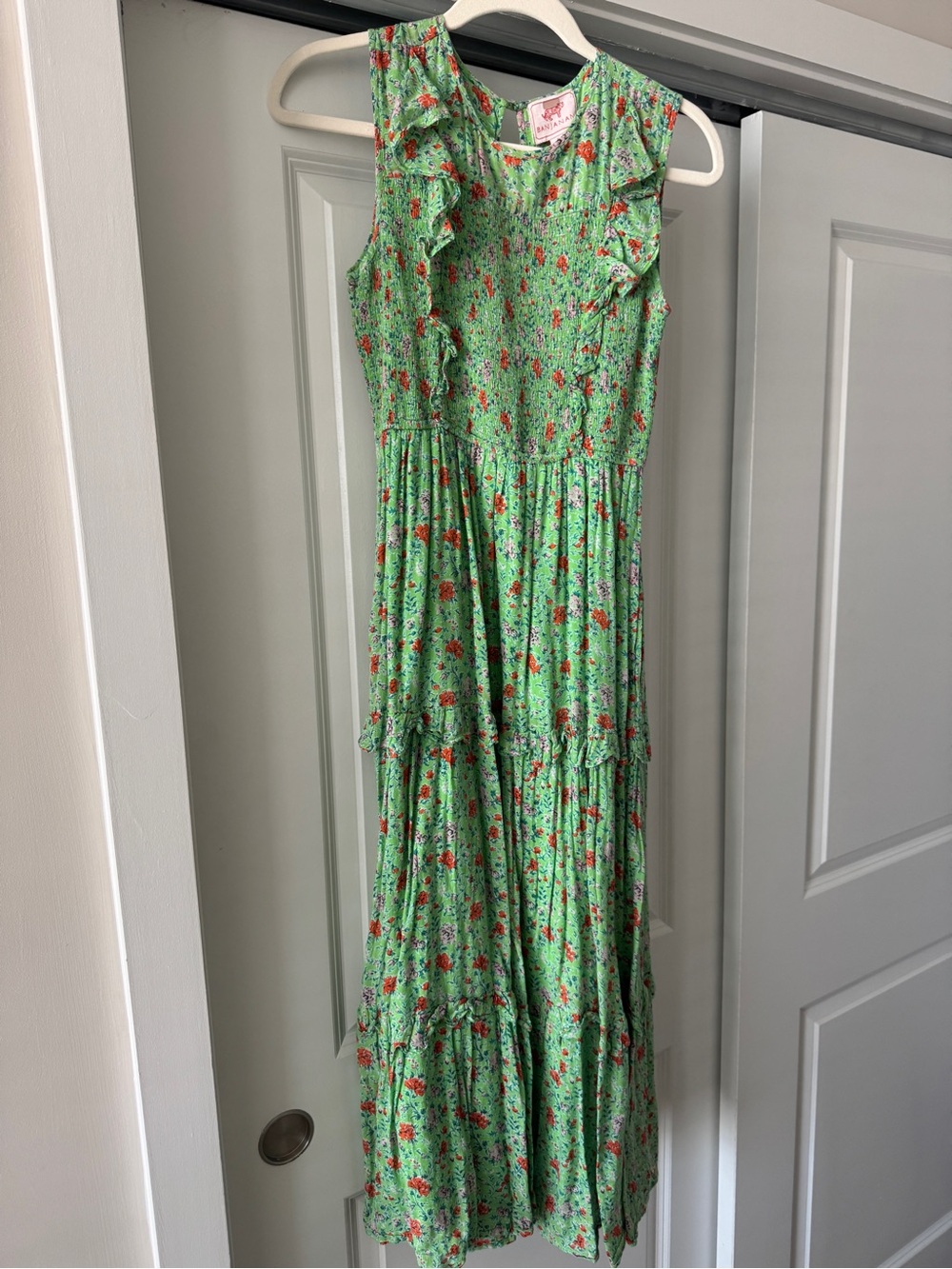 Banjanan Green Floral Midi Dress with Red Accent Print
